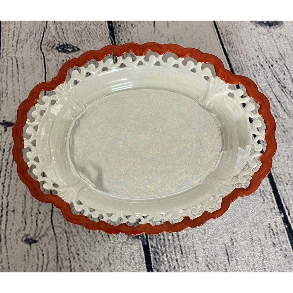 Vintage Schonwald PSAA Bavaria Trinket Dish Oval Red Trim Iridescent 7